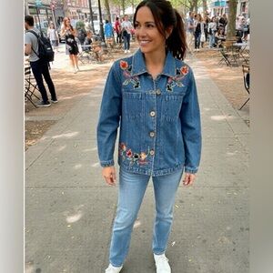 Tantrums Floral Embroidered Denim Blue Jean Jacket, Sz. L., NWOT
